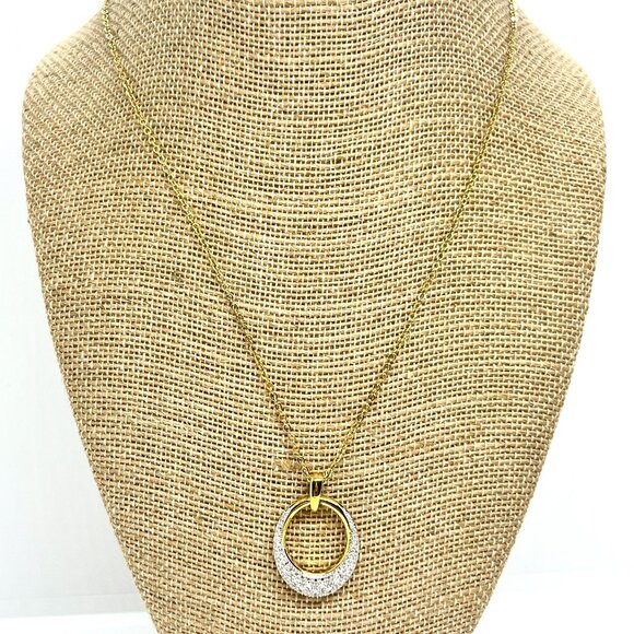 DANBURY MINT GOLD SILVER TONE OVAL PAVE PENDANT NECKLACE SPARKLE MODERN - Picture 1 of 13
